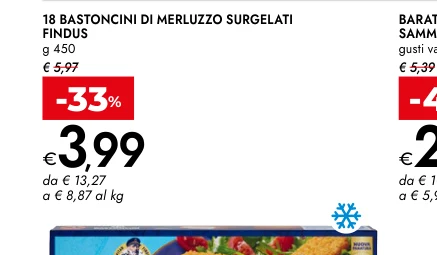 18 BASTONCINI DI MERLUZZO SURGELATI FINDUS g 450