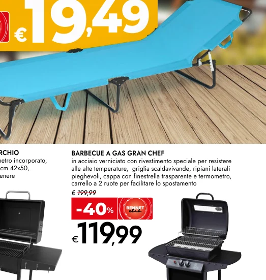 BARBECUE A GAS GRAN CHEF in acciaio verniciato con rivestimento speciale per resistere alle alte temperature, griglia scaldavivande, ripiani laterali pieghevoli, cappa con finestrella trasparente e termometro, carrello a 2 ruote per facilitare lo spostame
