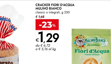 CRACKER FIORI D'ACQUA MULINO BIANCO classici o integrali, g 250