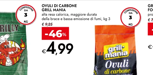OVULI DI CARBONE GRILL MANIA alta resa calorica, maggiore durata della brace e bassa emissione di fumi, kg 3