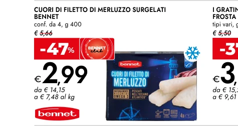 CUORI DI FILETTO DI MERLUZZO SURGELATI BENNET conf. da 4, g 400