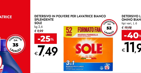 DETERSIVO IN POLVERE PER LAVATRICE BIANCO SPLENDENTE SOLE kg 2,6