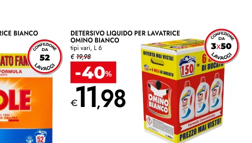 DETERSIVO LIQUIDO PER LAVATRICE OMINO BIANCO tipi vari, L 6