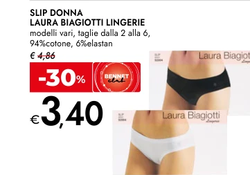 SLIP DONNA LAURA BIAGIOTTI LINGERIE modelli vari, taglie dalla 2 alla 6, 94%cotone, 6%elastan