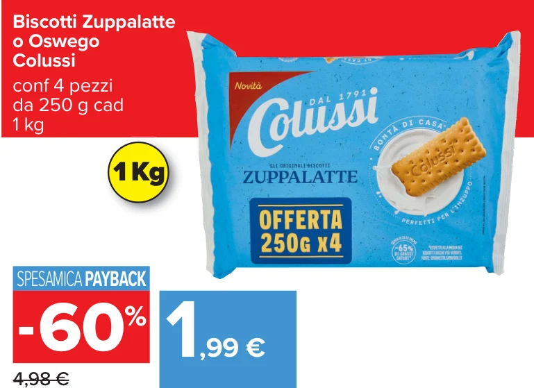 Biscotti Zuppalatte o Oswego Colussi conf 4 pezzi da 250 g cad 1 kg