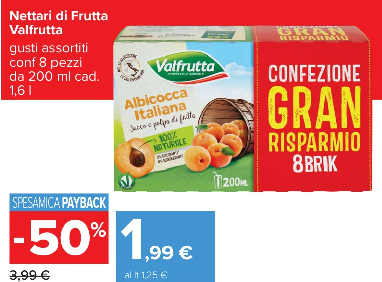 Nettari di Frutta Valfrutta gusti assortiti conf 8 pezzi da 200 ml cad. 1,6 l