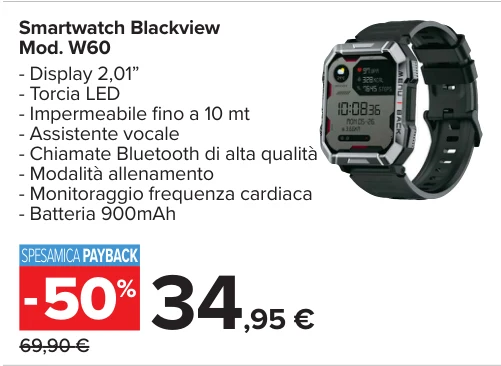 Smartwatch Blackview Mod. W60 - Display 2,01” - Torcia LED - Impermeabile ﬁno a 10 mt - Assistente vocale - Chiamate Bluetooth di alta qualità - Modalità allenamento - Monitoraggio frequenza cardiaca - Batteria 900mAh