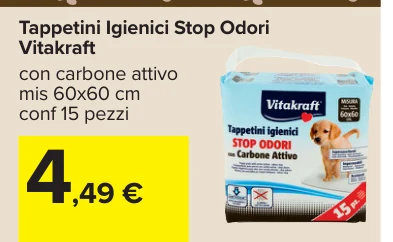 Tappetini Igienici Stop Odori Vitakraft con carbone attivo mis 60x60 cm conf 15 pezzi