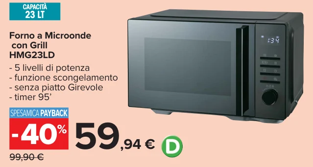 Forno a Microonde con Grill HMG23LD - 5 livelli di potenza - funzione scongelamento - senza piatto Girevole - timer 95’