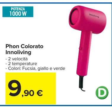 Phon Colorato Innoliving - 2 velocità - 2 temperature - Colori: Fucsia, giallo e verde