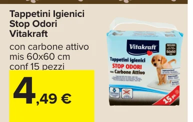 Tappetini Igienici Stop Odori Vitakraft con carbone attivo mis 60x60 cm conf 15 pezzi