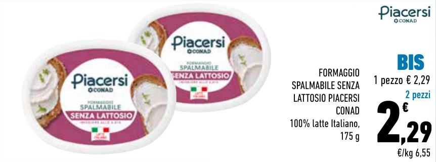 FORMAGGIO SPALMABILE SENZA LATTOSIO PIACERSI CONAD BIS