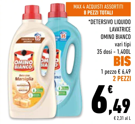 8 PEZZI TOTALI * DETERSIVO LIQUIDO LAVATRICE OMINO BIANCO MAX 4
