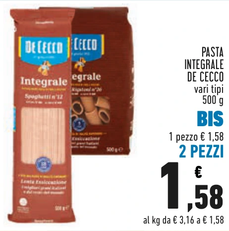 PASTA INTEGRALE DE CECCO BIS 2 PEZZI