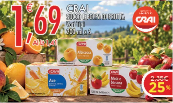 Crai succo e polpa di frutta, vari tipi, 200 ml x 6
