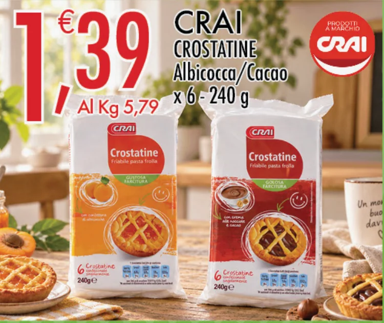 Crai Crostatine albicocca o cacao, 240 g x 6