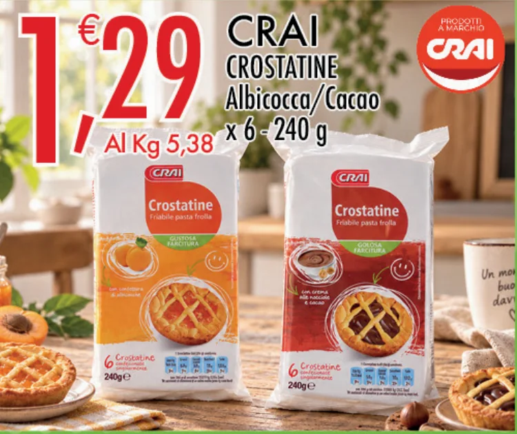Crai Crostatine albicocca o cacao, 240 g x 6