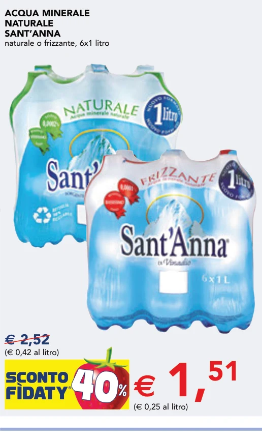 ACQUA MINERALE NATURALE SANT’ANNA naturale o frizzante, 6x1 litro