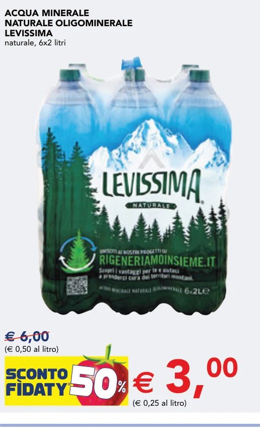ACQUA MINERALE NATURALE OLIGOMINERALE LEVISSIMA naturale, 6x2 litri