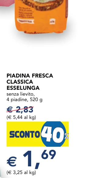 PIADINA FRESCA CLASSICA ESSELUNGA senza lievito, 4 piadine, 520 g