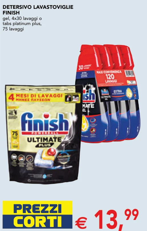 DETERSIVO LAVASTOVIGLIE FINISH gel, 4x30 lavaggi o tabs platinum plus, 75 lavaggi