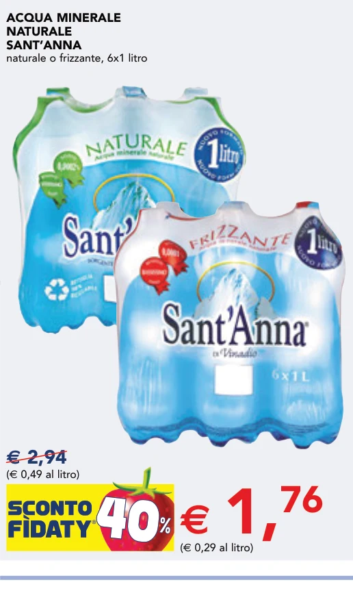 ACQUA MINERALE NATURALE SANT’ANNA naturale o frizzante, 6x1 litro