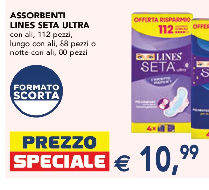 ASSORBENTI LINES SETA ULTRA con ali, 112 pezzi, lungo con ali, 88 pezzi o notte con ali, 80 pezzi
