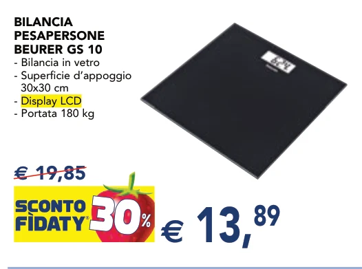 BILANCIA PESAPERSONE BEURER GS 10 - Bilancia in vetro - Superficie d’appoggio 30x30 cm - Display LCD - Portata 180 kg