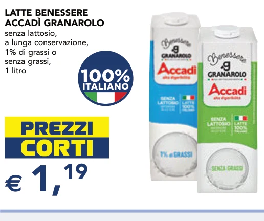 LATTE BENESSERE ACCADÌ senza lattosio, a lunga conservazione, 1% di grassi o senza grassi, 1 litro - Granarolo