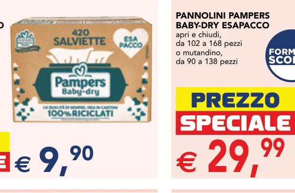 PANNOLINI PAMPERS BABY-DRY ESAPACCO apri e chiudi, da 102 a 168 pezzi o mutandino, da 90 a 138 pezzi