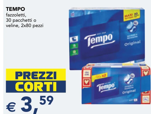 TEMPO fazzoletti, 30 pacchetti o veline, 2x80 pezzi