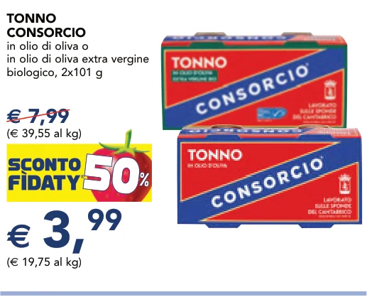 TONNO CONSORCIO in olio di oliva o in olio di oliva extra vergine biologico, 2x101 g
