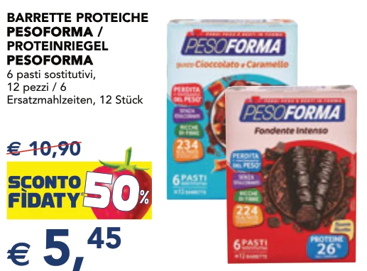 BARRETTE PROTEICHE PESOFORMA PESOFORMA / PROTEINRIEGEL PESOFORMA PESOFORMA 6 pasti sostitutivi, 12 pezzi / 6 Ersatzmahlzeiten, 12 Stück