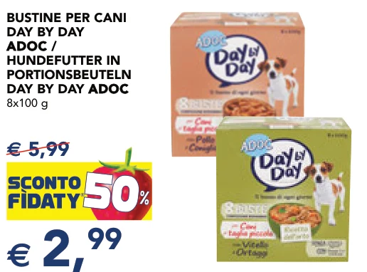 BUSTINE PER CANI DAY BY DAY ADOC ADOC / HUNDEFUTTER IN PORTIONSBEUTELN DAY BY DAY ADOC ADOC 8x100 g