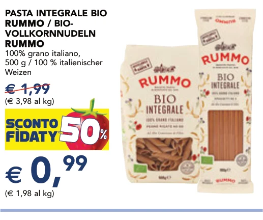 PASTA INTEGRALE BIO RUMMO RUMMO / BIO- VOLLKORNNUDELN RUMMO RUMMO 100% grano italiano, 500 g / 100 % italienischer Weizen