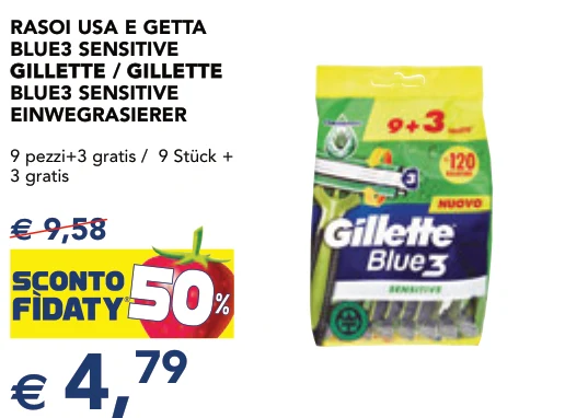 RASOI USA E GETTA BLUE3 SENSITIVE GILLETTE GILLETTE / GILLETTE GILLETTE BLUE3 SENSITIVE EINWEGRASIERER 9 pezzi+3 gratis / 9 Stück + 3 gratis
