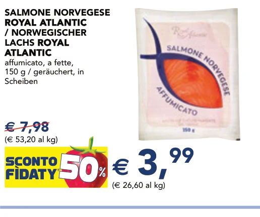 SALMONE NORVEGESE ROYAL ATLANTIC / NORWEGISCHER LACHS ROYAL ROYAL ATLANTIC ATLANTIC affumicato, a fette, 150 g / geräuchert, in Scheiben - Royal Atlantic
