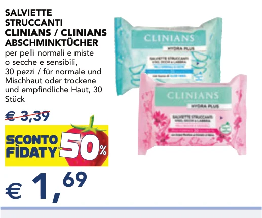 SALVIETTE STRUCCANTI CLINIANS CLINIANS / CLINIANS CLINIANS ABSCHMINKTÜCHER per pelli normali e miste o secche e sensibili, 30 pezzi / für normale und Mischhaut oder trockene und empfindliche Haut, 30 Stück