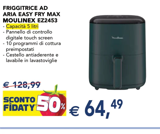 FRIGGITRICE AD ARIA EASY FRY MAX MOULINEX MOULINEX EZ2453 - Capacità 5 litri - Pannello di controllo digitale touch screen - 10 programmi di cottura preimpostati - Cestello antiaderente e lavabile in lavastoviglie