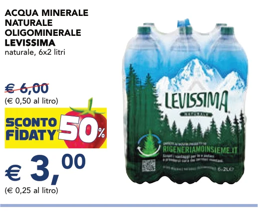 ACQUA MINERALE NATURALE OLIGOMINERALE LEVISSIMA LEVISSIMA naturale, 6x2 litri
