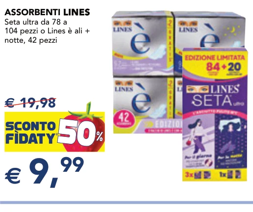 ASSORBENTI LINES LINES Seta ultra da 78 a 104 pezzi o Lines è ali + notte, 42 pezzi