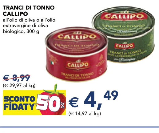 TRANCI DI TONNO CALLIPO CALLIPO all’olio di oliva o all’olio extravergine di oliva biologico, 300 g