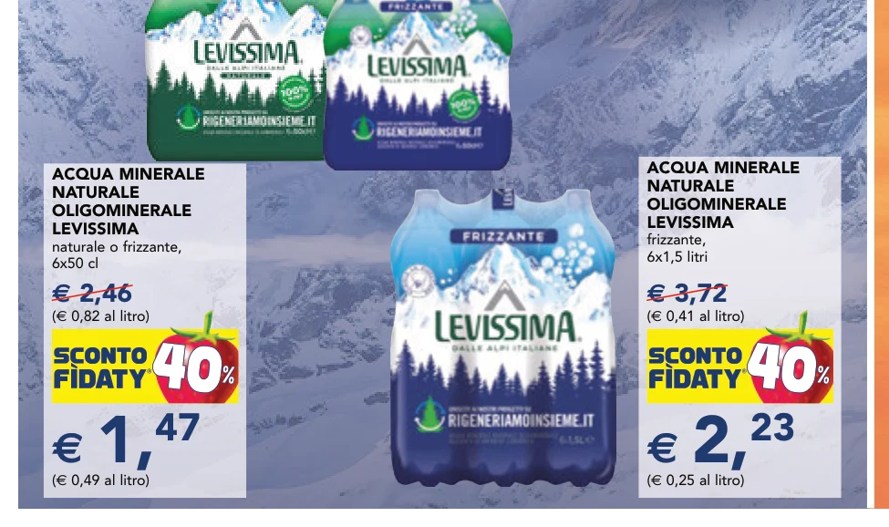 ACQUA MINERALE NATURALE OLIGOMINERALE LEVISSIMA frizzante, 6x1,5 litri