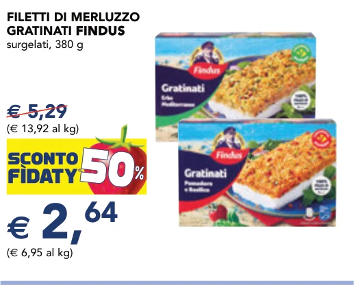 FILETTI DI MERLUZZO GRATINATI FINDUS FINDUS surgelati, 380 g