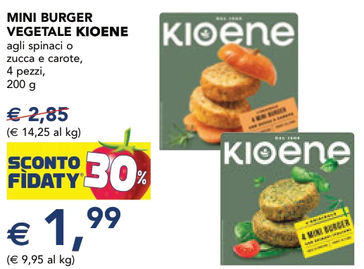 MINI BURGER VEGETALE KIOENE agli spinaci o zucca e carote, 4 pezzi, 200 g - Kioene