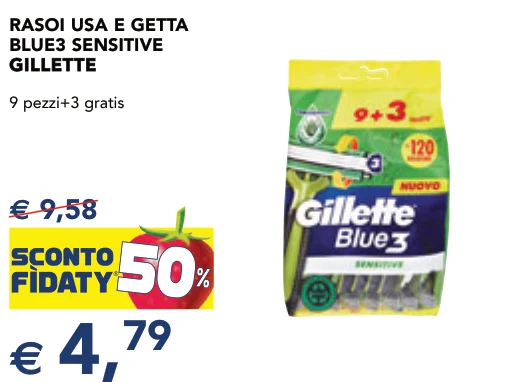 RASOI USA E GETTA BLUE3 SENSITIVE GILLETTE GILLETTE 9 pezzi+3 gratis