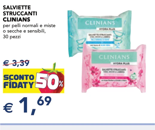 SALVIETTE STRUCCANTI CLINIANS CLINIANS per pelli normali e miste o secche e sensibili, 30 pezzi
