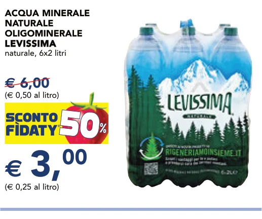 ACQUA MINERALE NATURALE OLIGOMINERALE LEVISSIMA LEVISSIMA naturale, 6x2 litri