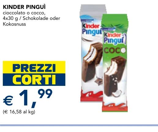 KINDER PINGUÌ cioccolato o cocco, 4x30 g / Schokolade oder Kokosnuss