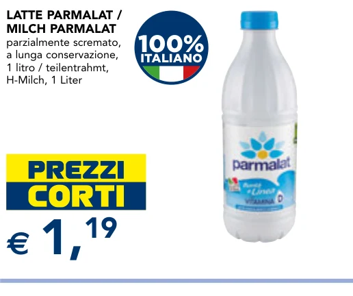 LATTE / MILCH PARMALAT parzialmente scremato, a lunga conservazione, 1 litro / teilentrahmt, H-Milch, 1 Liter - Parmalat